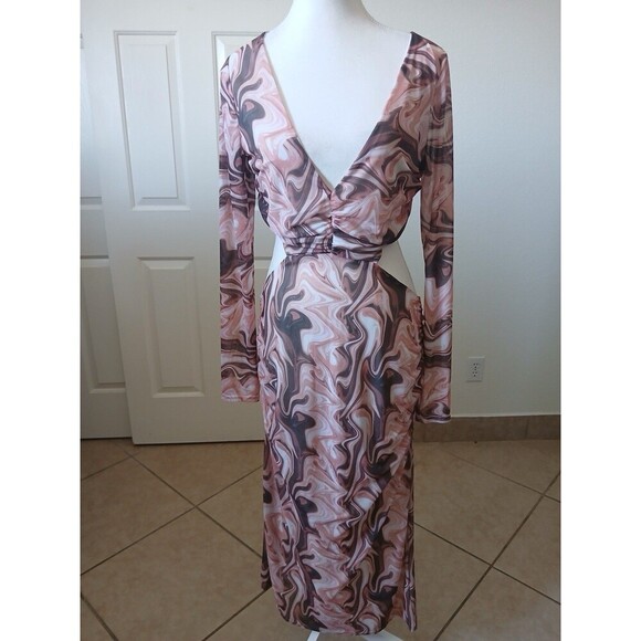Lulus Swirl Power Pink Multi Print Cutout Bodycon Midi Dress, Size Large - Picture 4 of 16